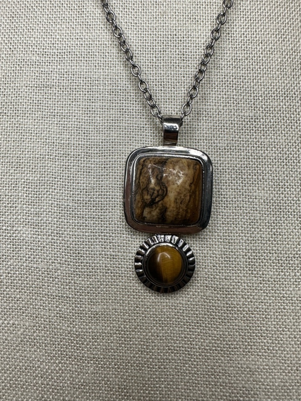 Roman Boho Jasper & Tiger’s Eye Pendant Necklace Silver Tone
